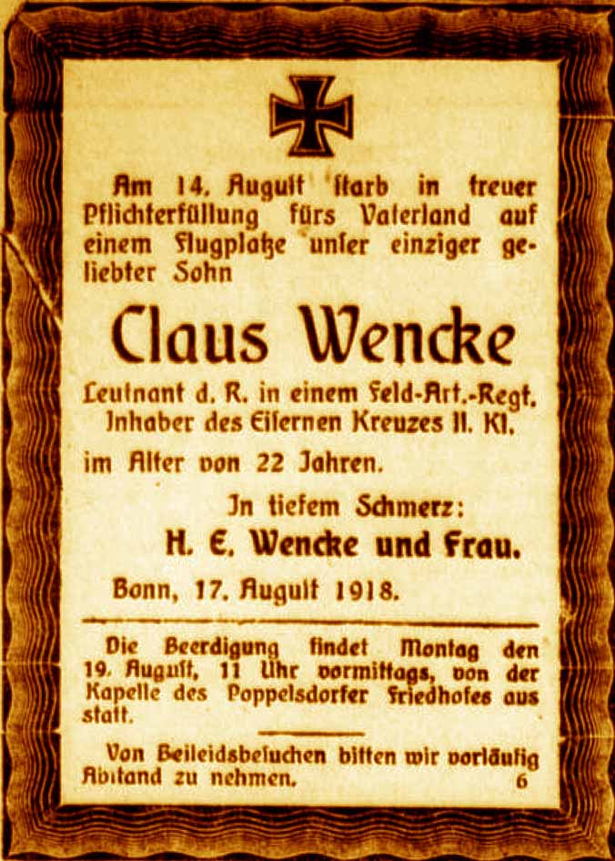 Anzeige im General-Anzeiger vom 17. August 1918