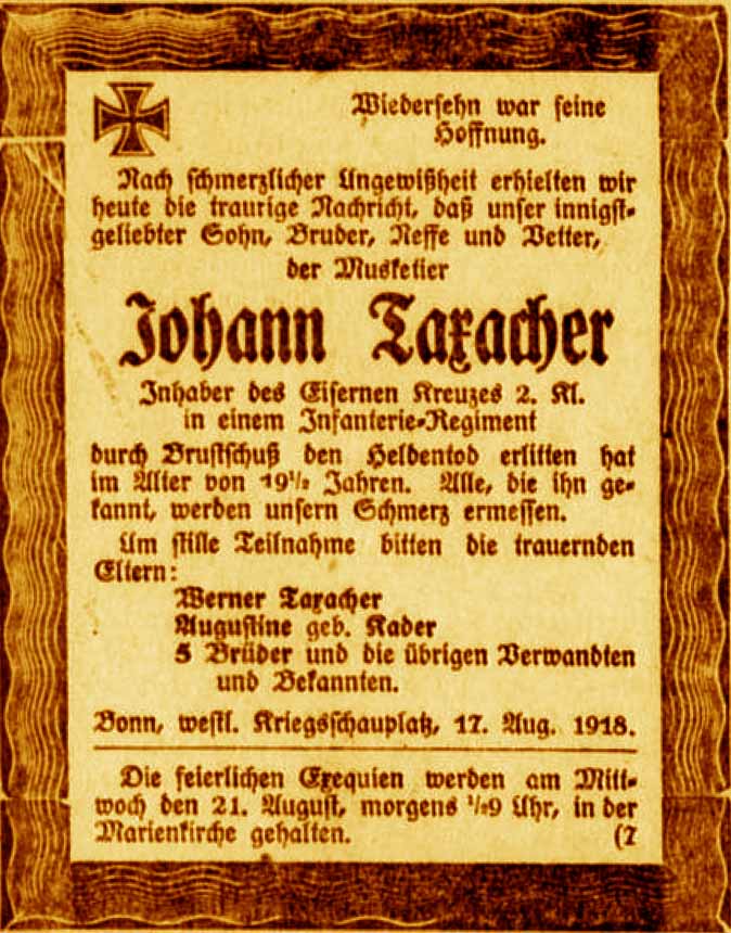 Anzeige im General-Anzeiger vom 18. August 1918