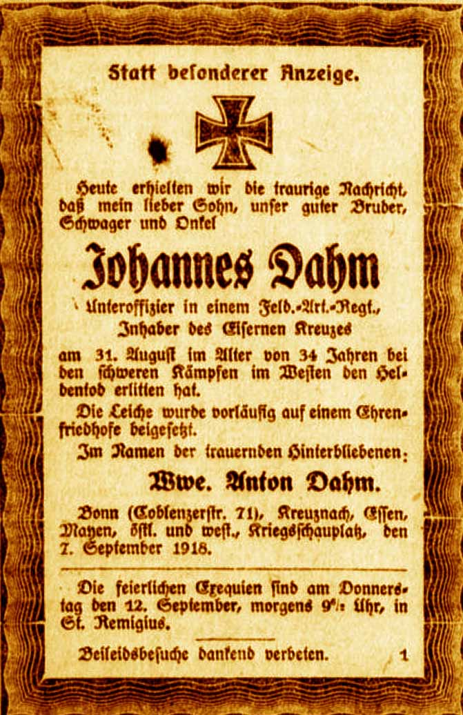 Anzeige im General-Anzeiger vom 9. September 1918