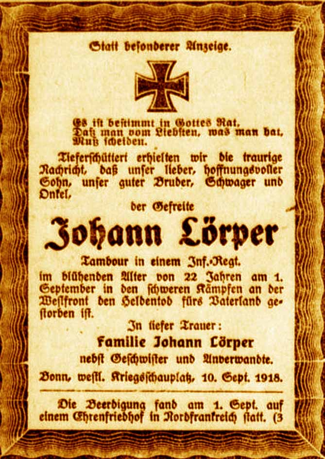 Anzeige im General-Anzeiger vom 11. September 1918
