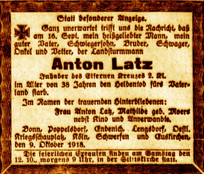 Anzeige im General-Anzeiger vom 10. Oktober 1918