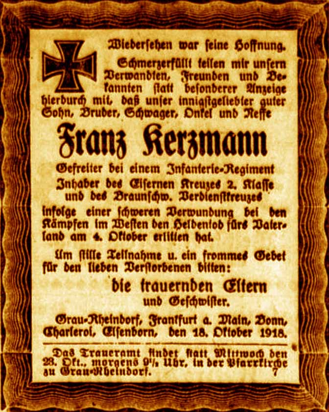 Anzeige im General-Anzeiger vom 20. Oktober 1918