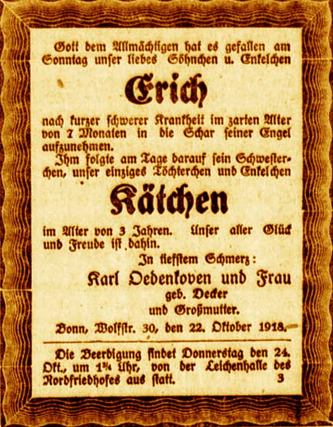 Anzeige im General-Anzeiger vom 23. Oktober 1918