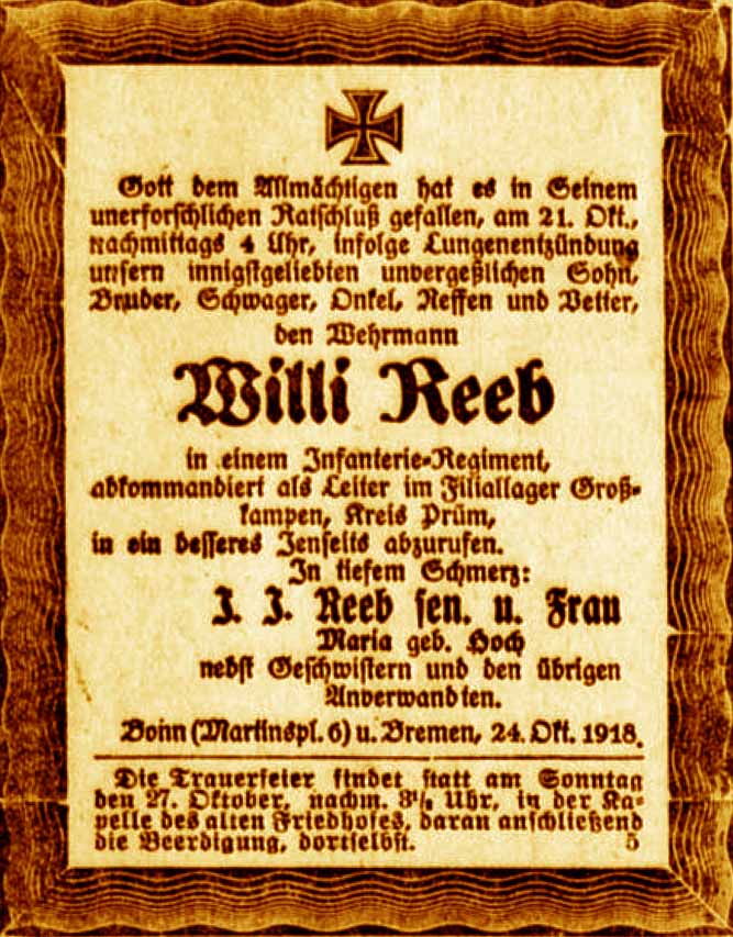 Anzeige im General-Anzeiger vom 25. Oktober 1918