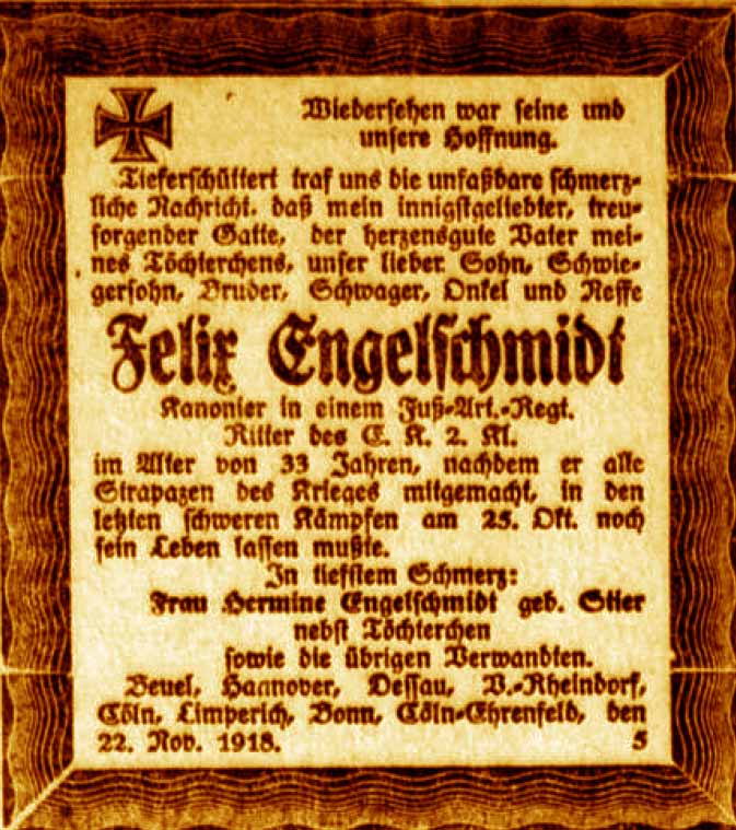 Anzeige im General-Anzeiger vom 22. November 1918
