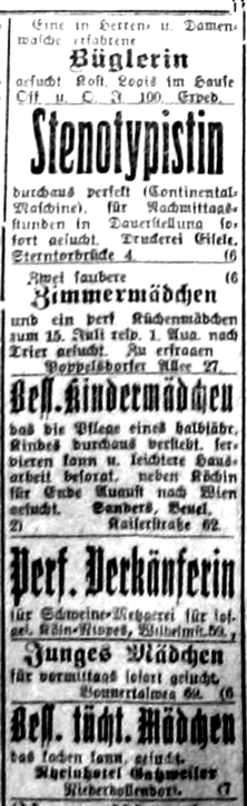 Stellenanzeigen im  Bonner General-Anzeiger vom 4. Juli 1914