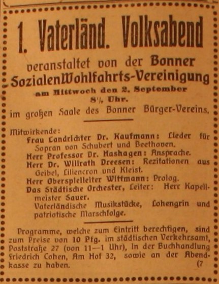 Anzeige im General-Anzeiger vom 30. August 1914