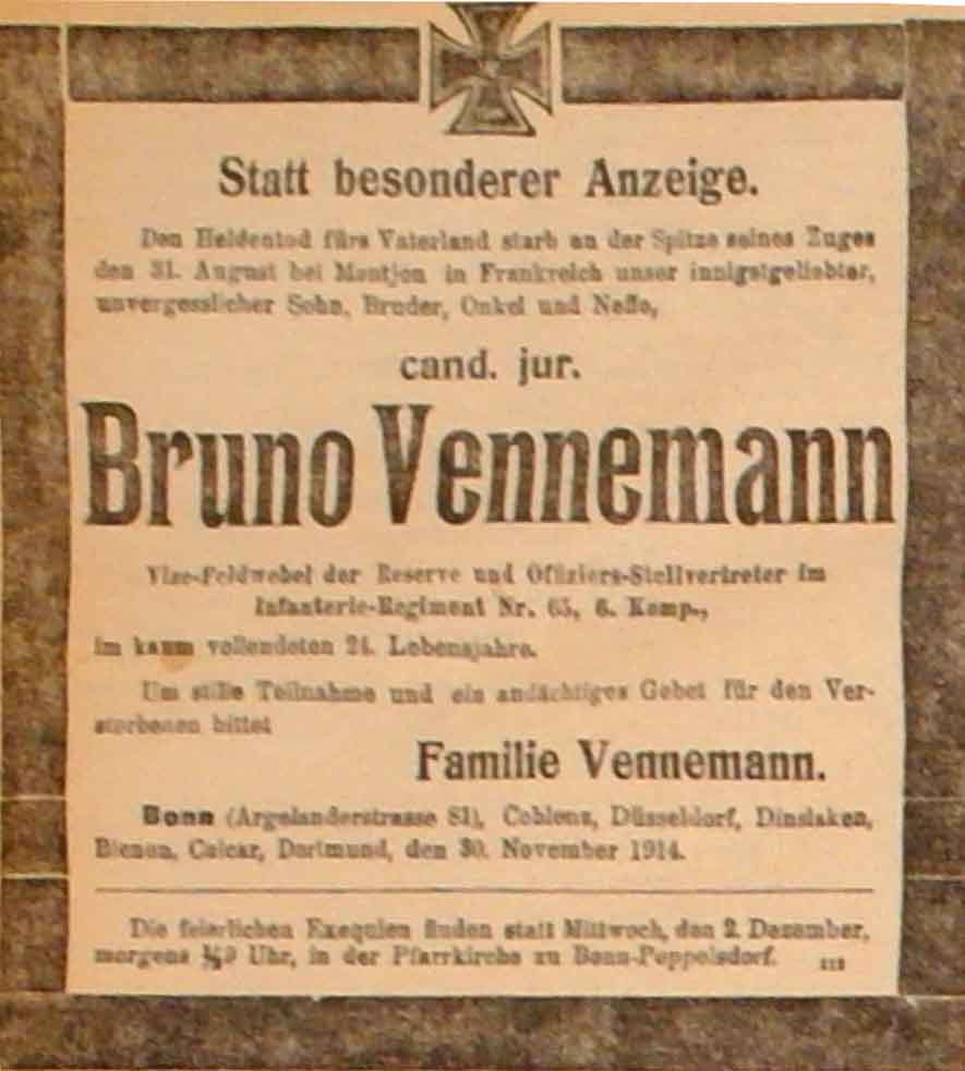 Anzeige in der Deutschen Reichs-Zeitung vom 1.Dezember 1914