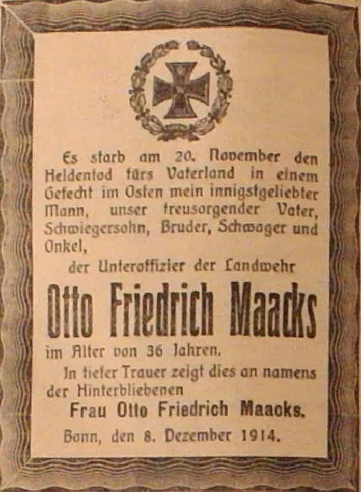Anzeige im General-Anzeiger vom 9. Dezember 1914