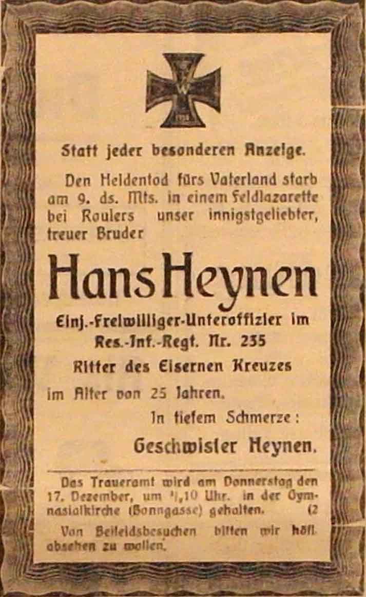 Anzeige im General-Anzeiger vom 15. Dezember 1914