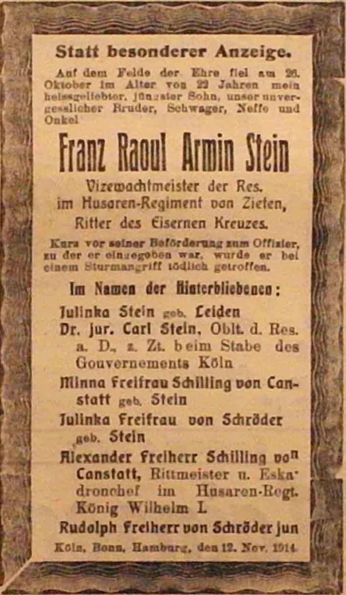 Anzeige im General-Anzeiger vom 16. Dezember 1914