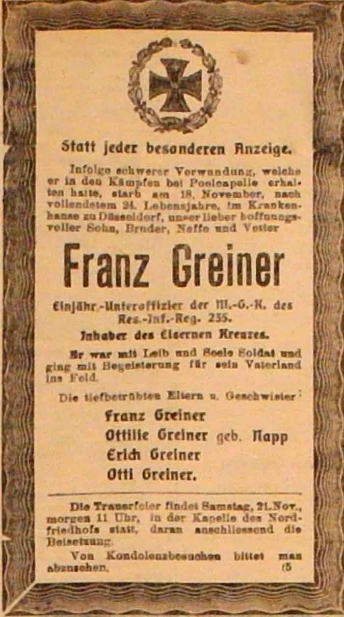 Anzeige im General-Anzeiger vom 20. Dezember 1914