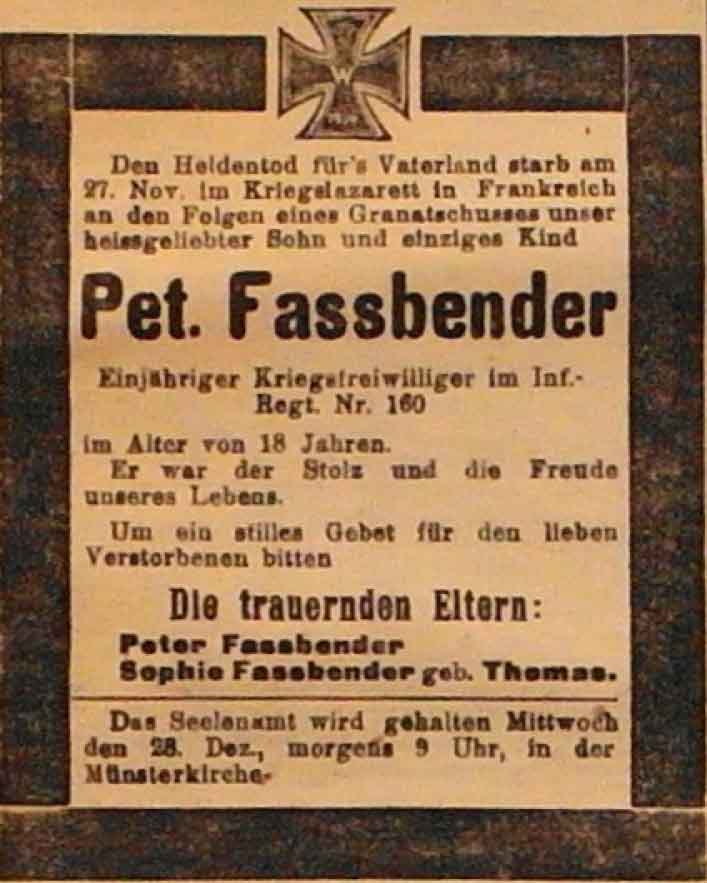 Anzeige in der Deutschen Reichszeitung vom 21. Dezember 1914