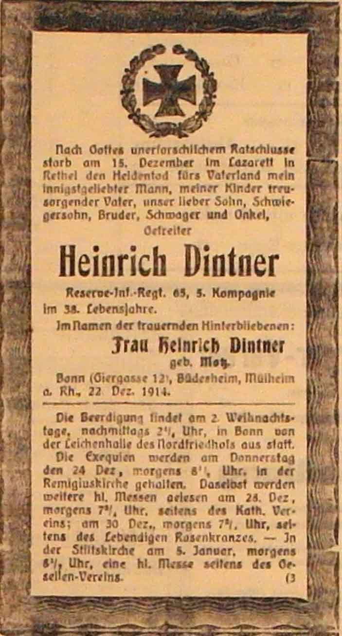 Anzeige im General-Anzeiger vom 23. Dezember 1914