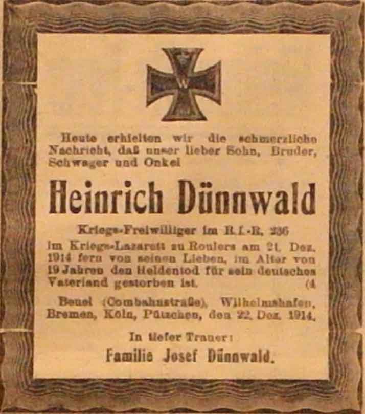 Anzeige im General-Anzeiger vom 24. Dezember 1914