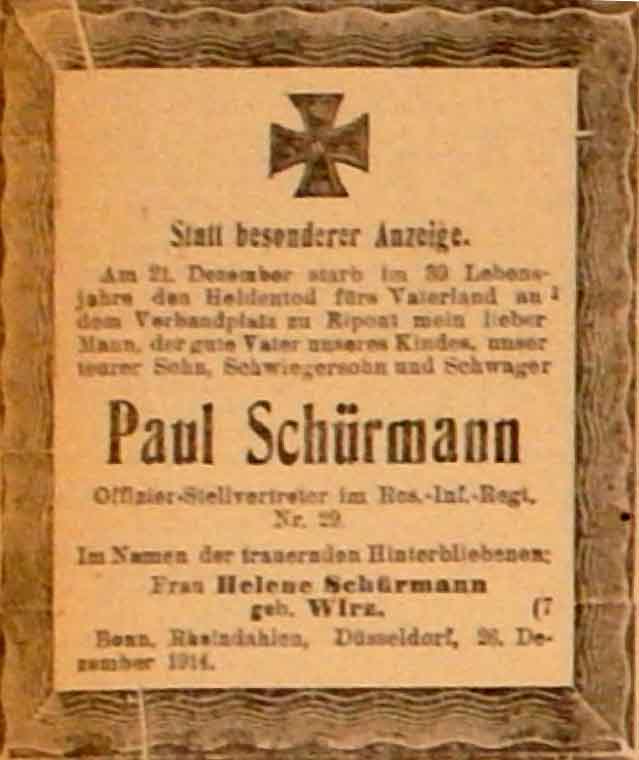 Anzeige im General-Anzeiger vom 27. Dezember 1914