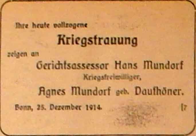 Anzeige im General-Anzeiger vom 27. Dezember 1914