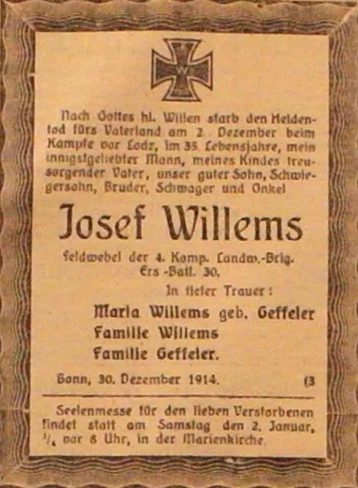 Anzeige im General-Anzeiger vom 30. Dezember 1914