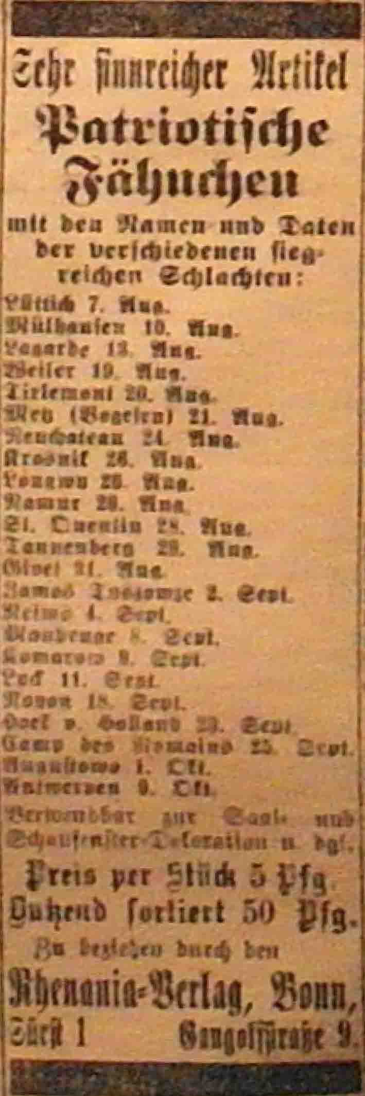 Anzeige in der Deutschen Reichs-Zeitung vom 2. November 1914