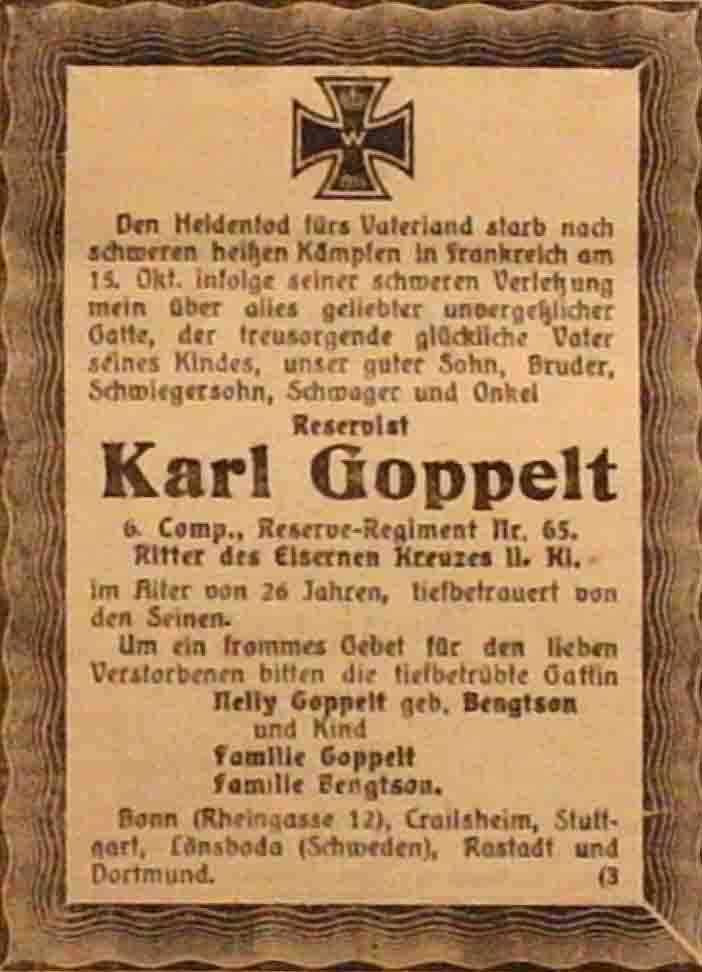 Anzeige im General-Anzeiger vom 4. November 1914