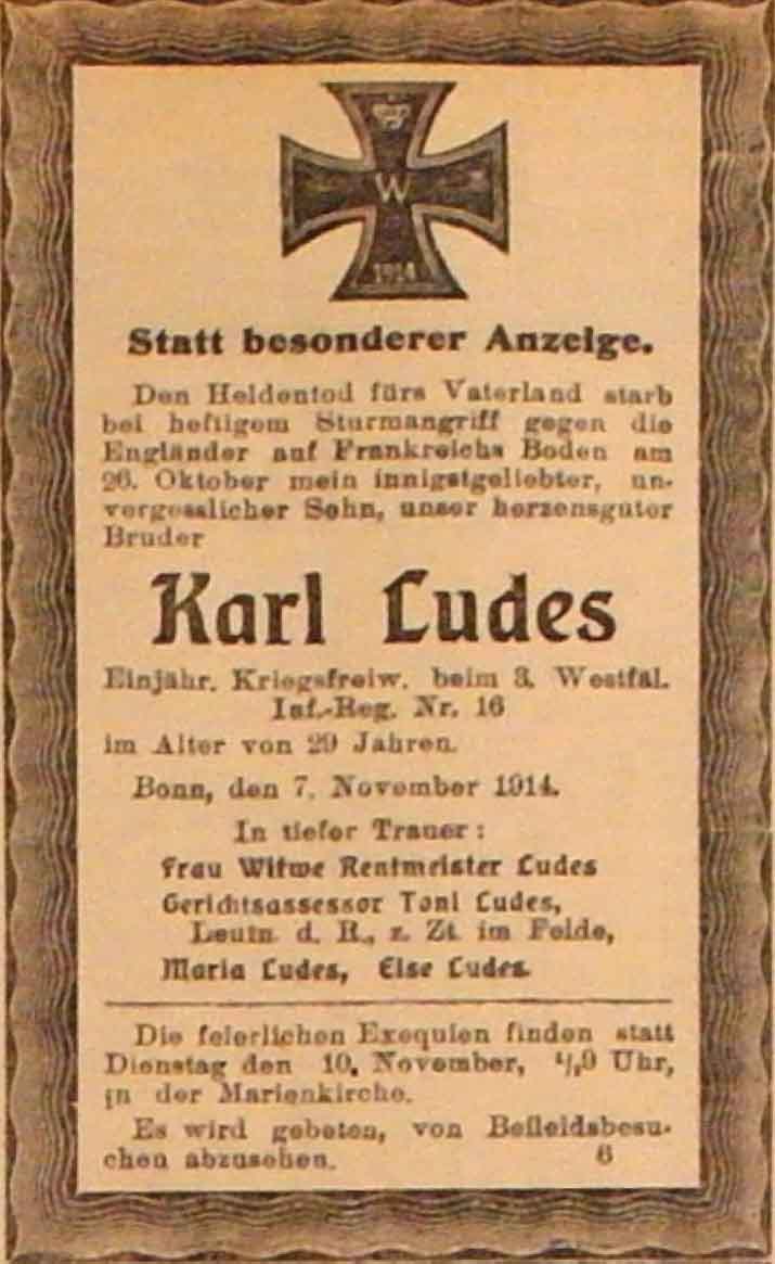 Anzeige im General-Anzeiger vom 7. November 1914