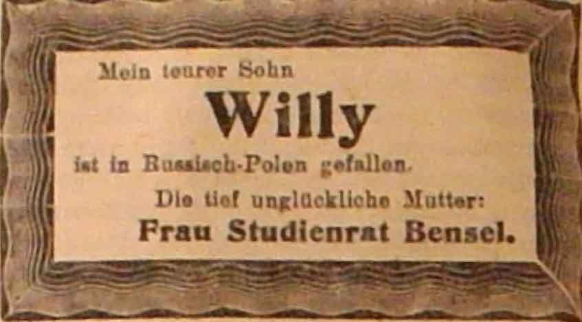 Anzeige im General-Anzeiger vom 14. November 1914