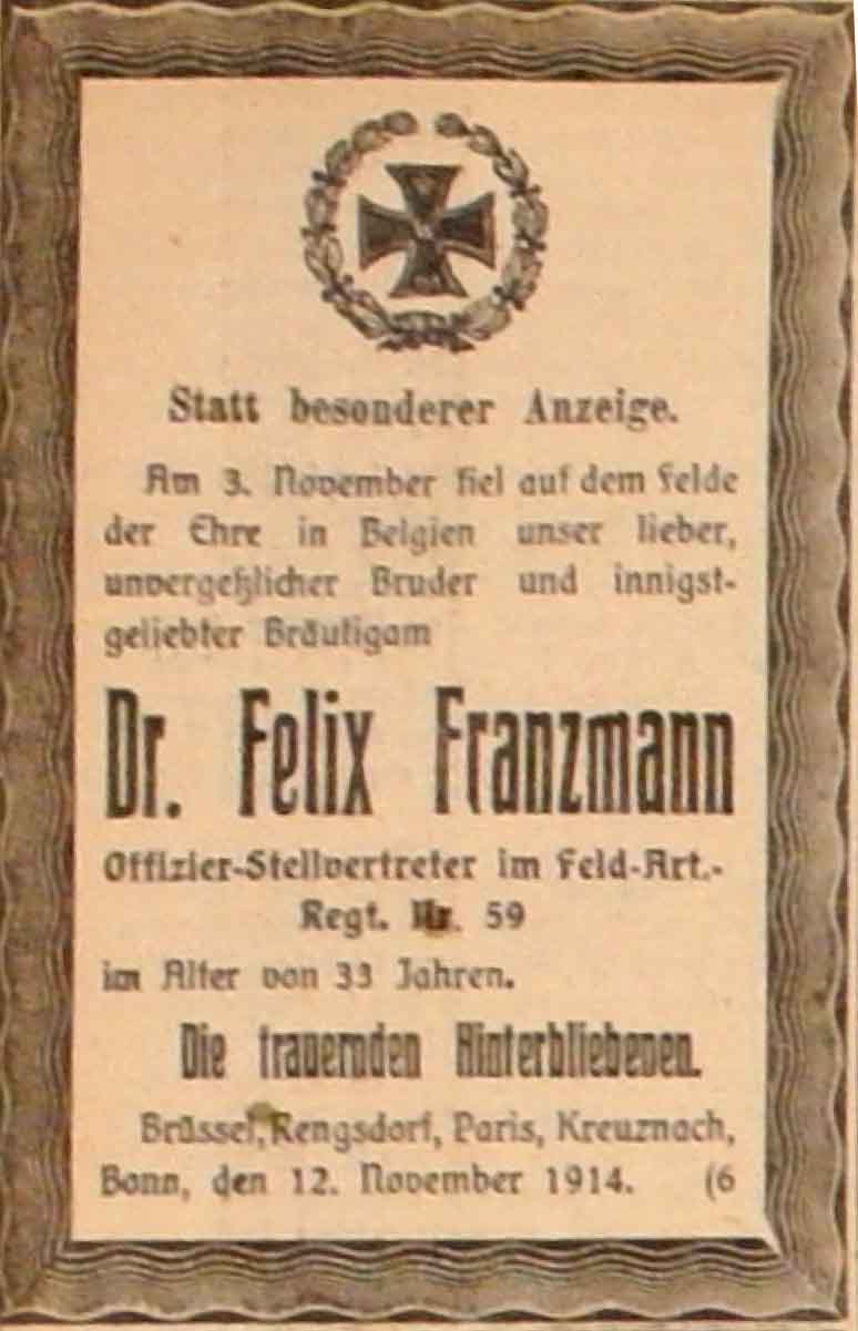 Anzeige im General-Anzeiger vom 14. November 1914