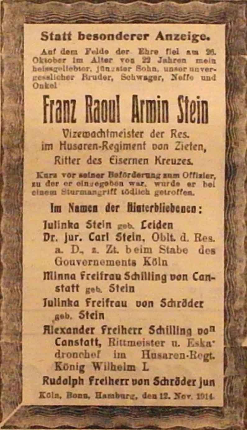 Anzeige im General-Anzeiger vom 16. November 1914