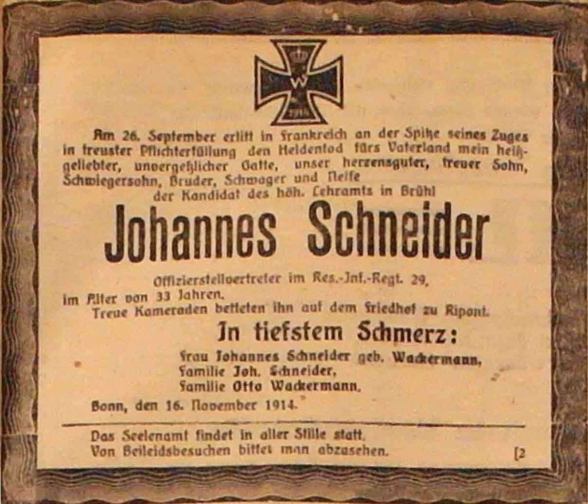 Anzeige im General-Anzeiger vom 16. November 1914