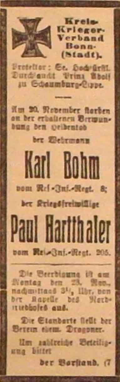 Anzeige im General-Anzeiger vom 22. November 1914