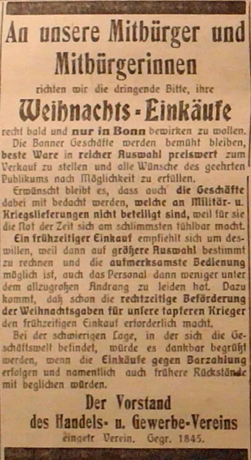 Anzeige im General-Anzeiger vom 25. November 1914