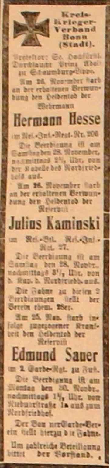 Anzeige im General-Anzeiger vom 28. November 1914