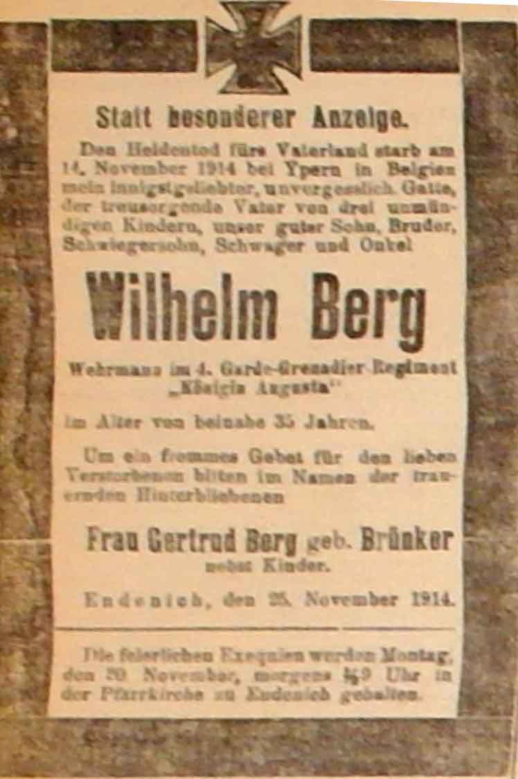 Anzeige in der Deutschen Reichs-Zeitung vom 29. November 1914