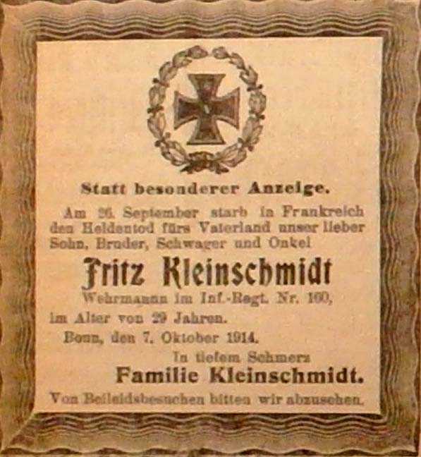 Anzeige im General-Anzeiger vom 8. Oktober 1914