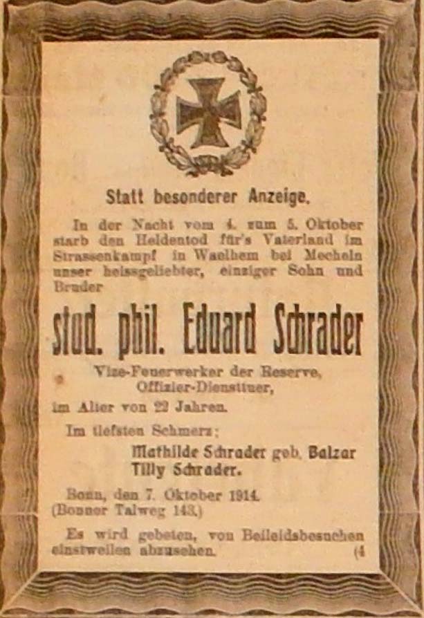 Anzeige im General-Anzeiger vom 8. Oktober 1914