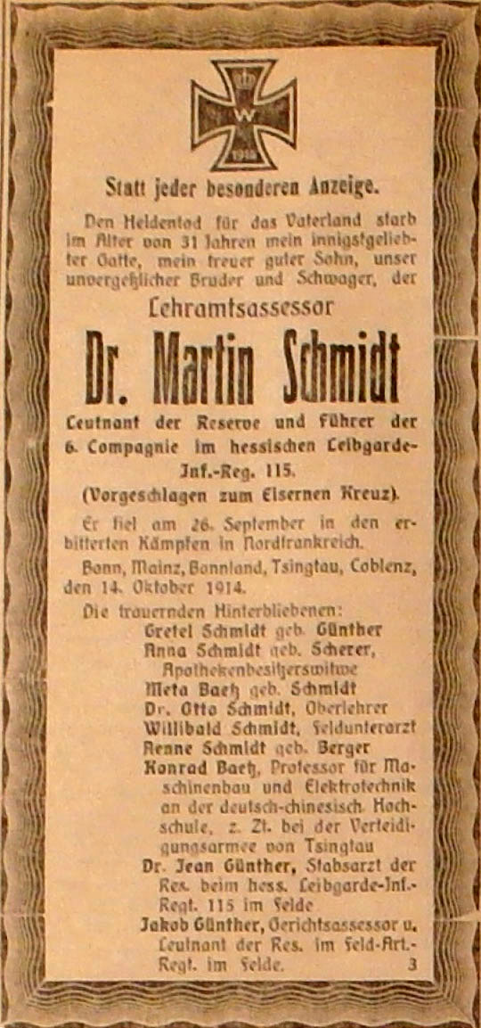 Anzeige im General-Anzeiger vom 14. Oktober 1914