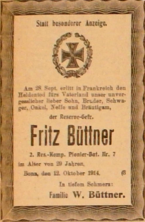 Anzeige im General-Anzeiger vom 14. Oktober 1914