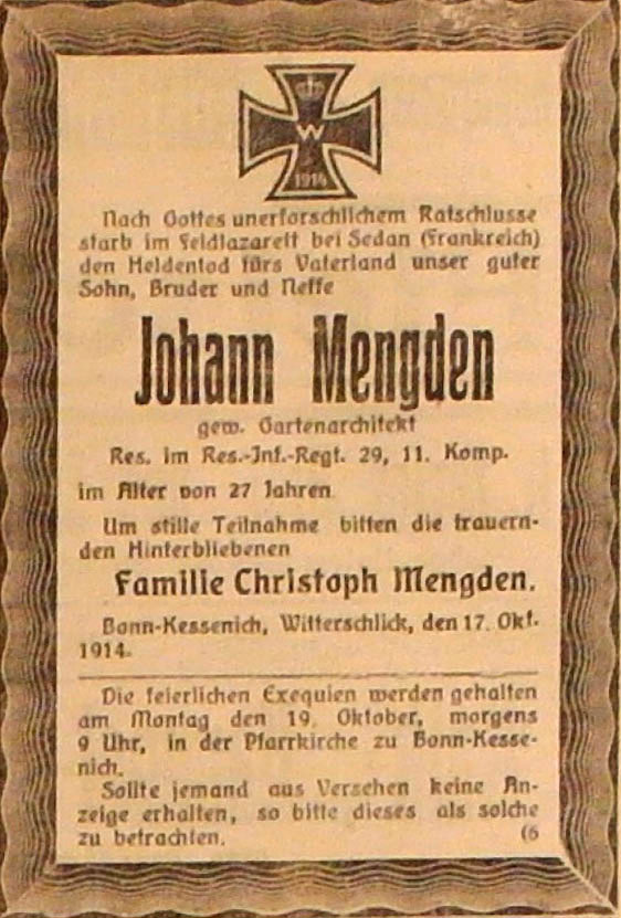 Anzeige im General-Anzeiger vom 16. Oktober 1914