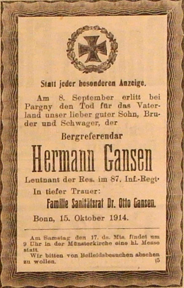 Anzeige im General-Anzeiger vom 16. Oktober 1914