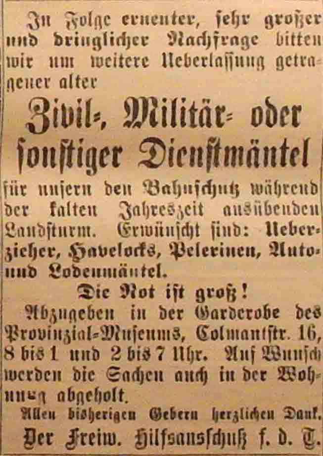 Anzeige in der Deutschen Reichs-Zeitung vom 21. Oktober 1914