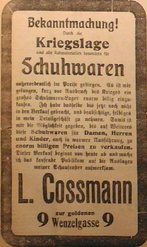 Anzeige im General-Anzeiger vom 24. Oktober 1914