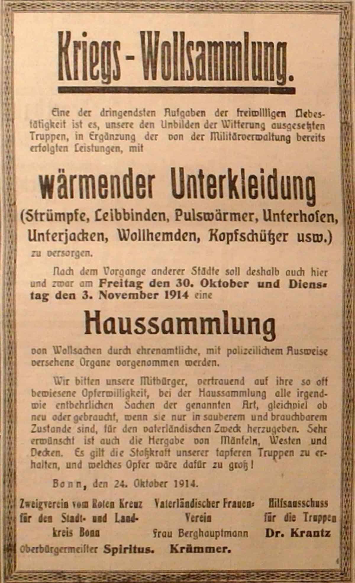 Anzeige im General-Anzeiger vom 29. Oktober 1914