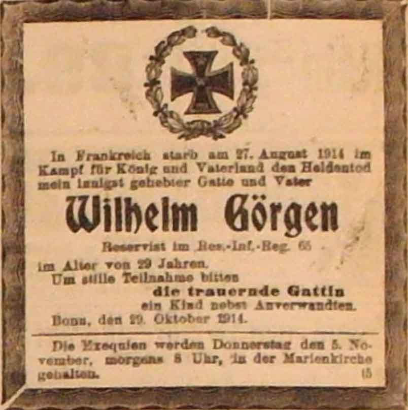 Anzeige im General-Anzeiger vom 30. Oktober 1914