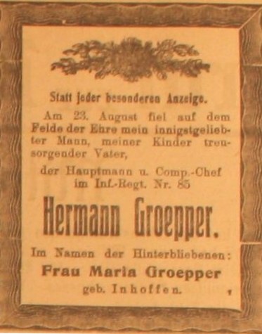 Anzeige im General-Anzeiger vom 6. September 1914