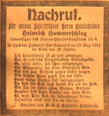 Anzeige in der Deutschen Reichszeitung vom 13. September 1914