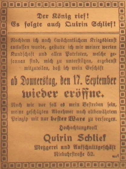 Anzeige in der Deutschen Reichszeitung vom 16. September 1914