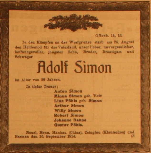 Anzeige im General-Anzeiger vom 16. September 1914