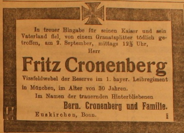 Anzeige in der Deutschen Reichszeitung vom 18. September 1914