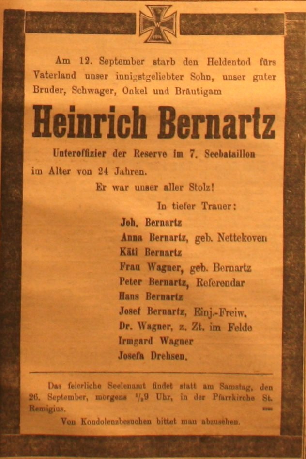 Anzeige in der Deutschen Reichszeitung vom 23. September 1914