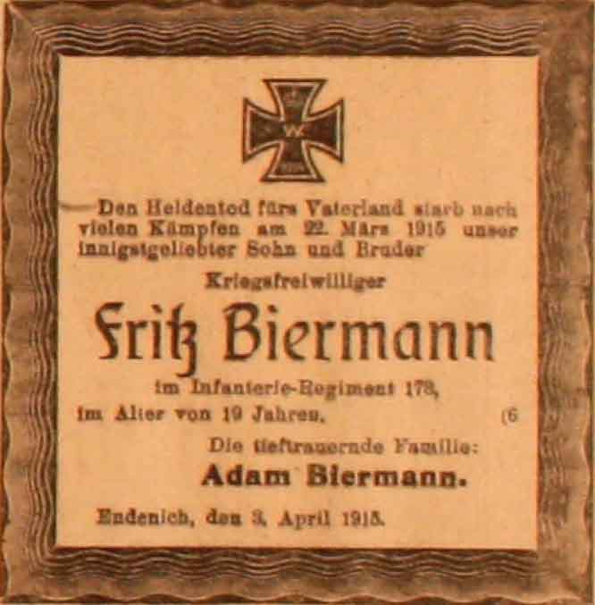 Anzeige im General-Anzeiger vom 3. April 1915